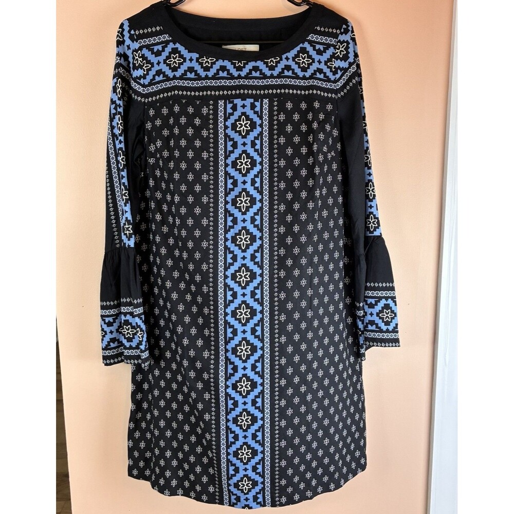 NWT Loft Women’s Black Blue Mosaic Bell Sleeve Shift Dress Size Medium